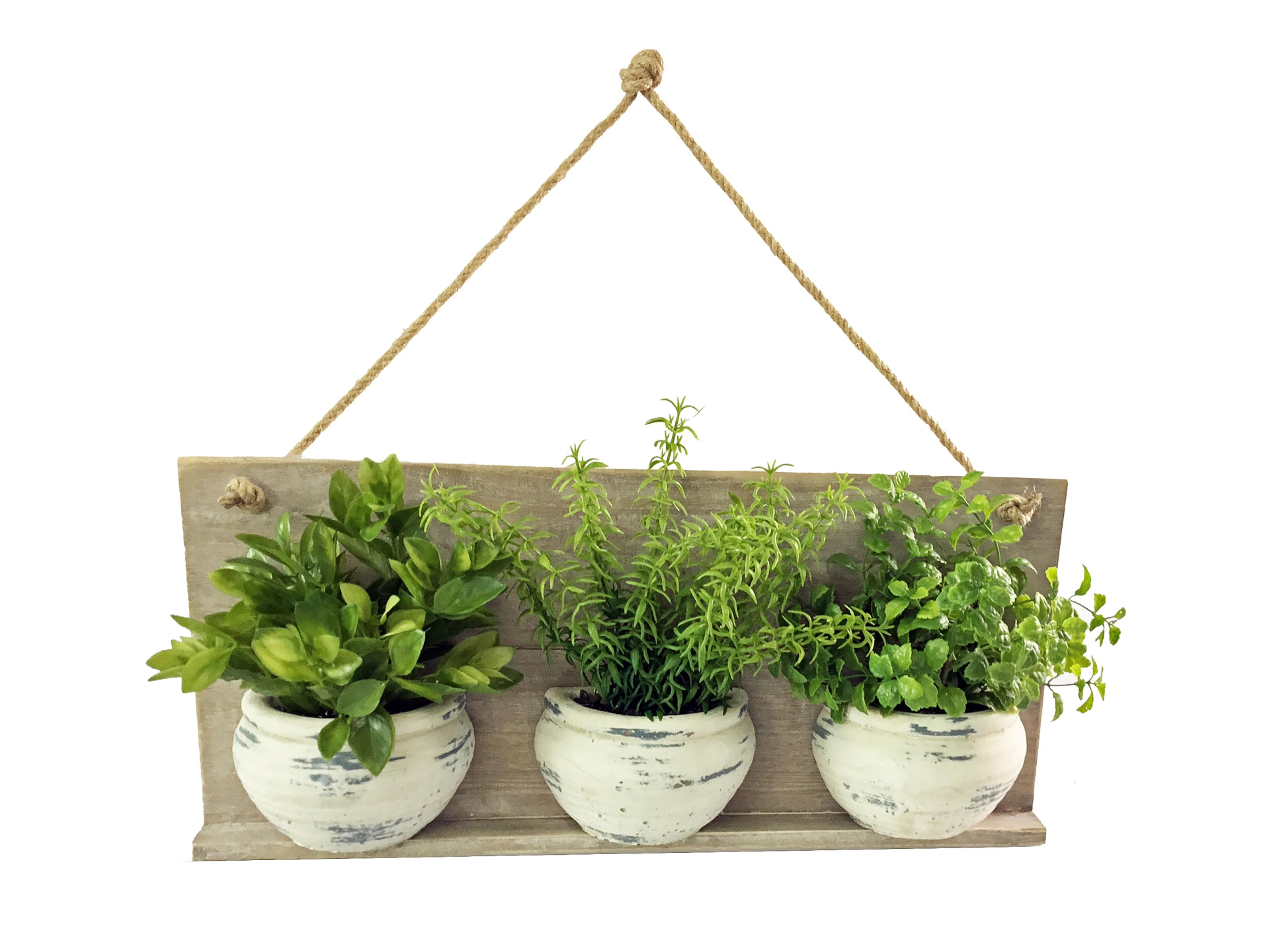 Three pots on wooden plank hanger