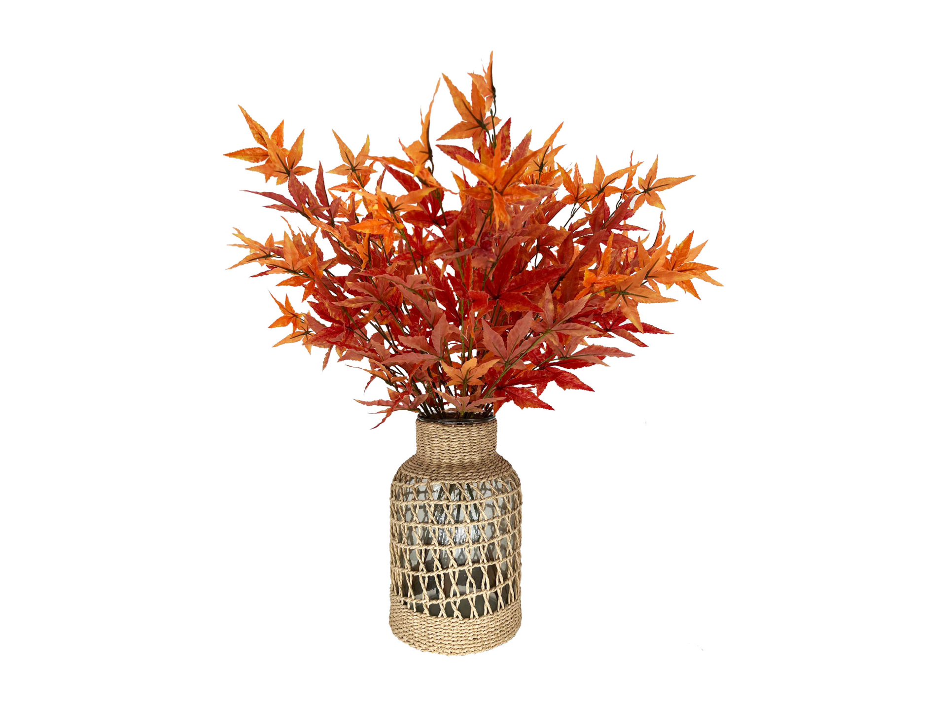 Orange leaves in glass vase with decorative rope around it