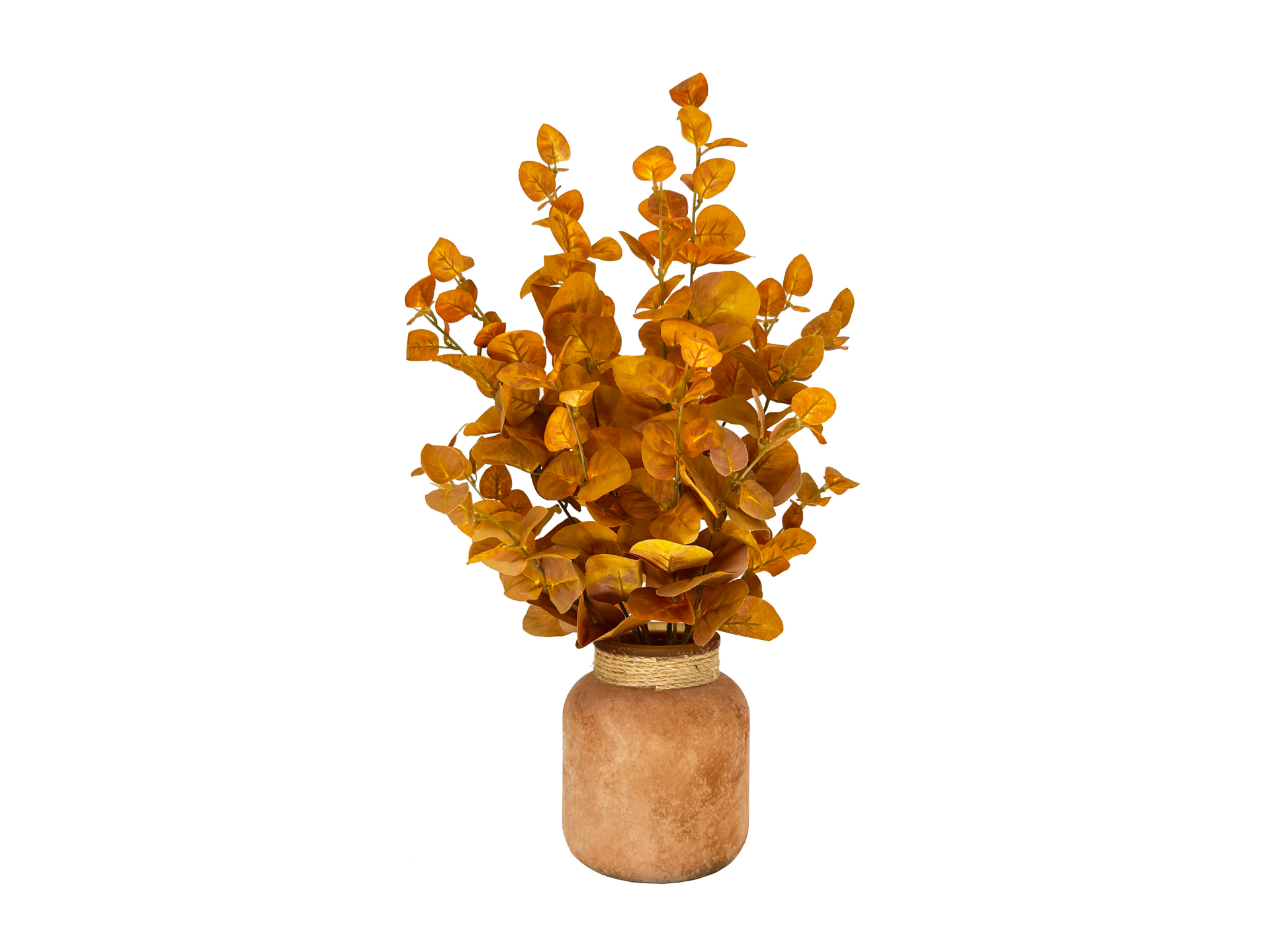 Golden orange leaves in clay pot with rope