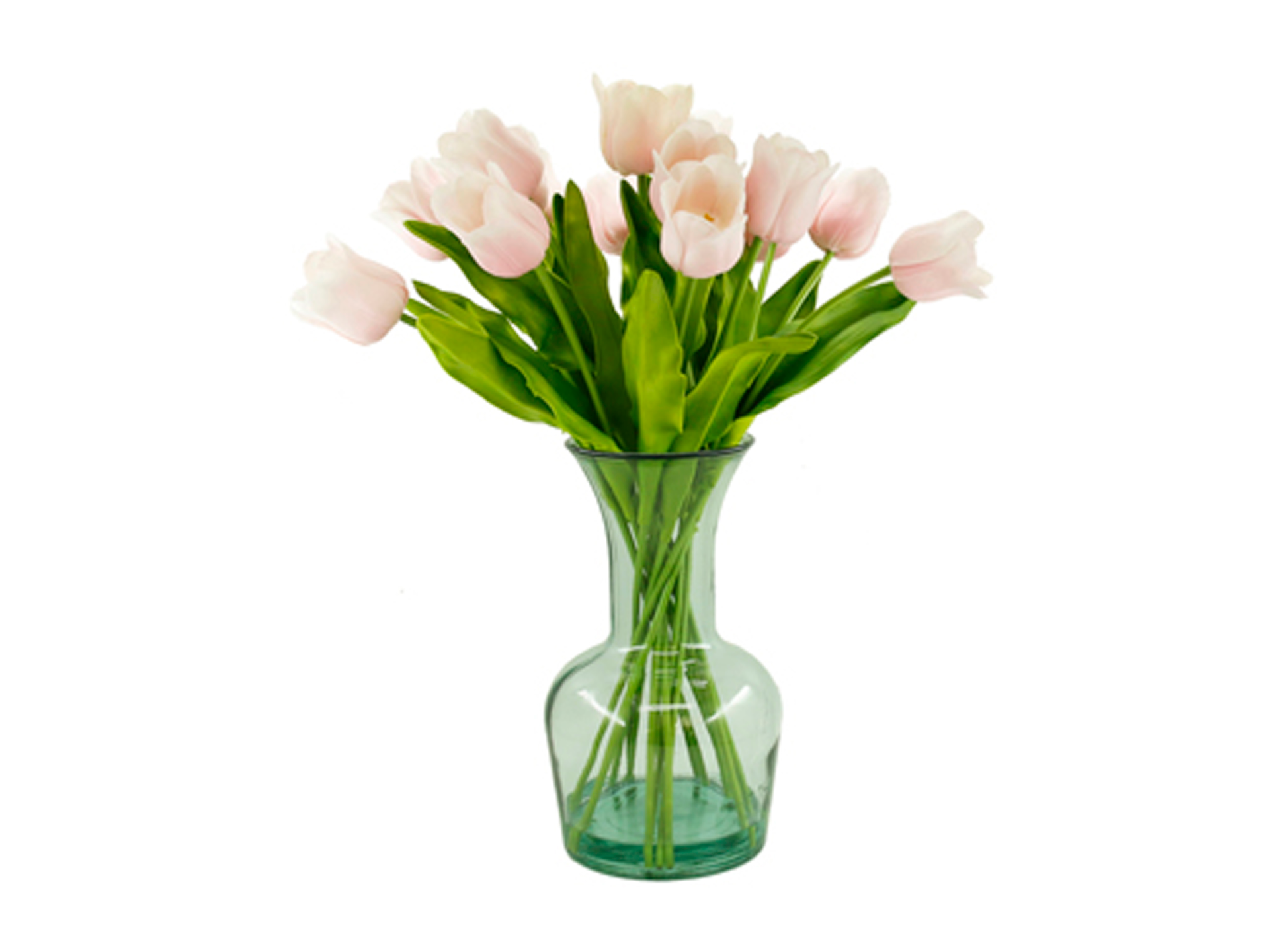 Tall light pink tulips in tall light green vase