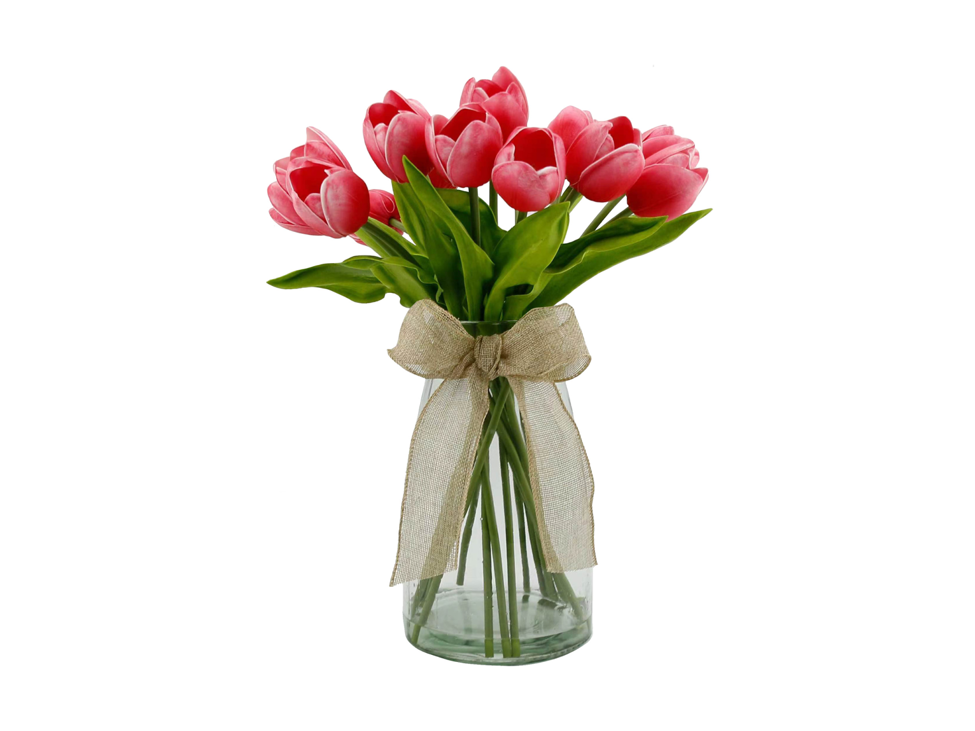 Pink tulips in glass vase with big ribbon