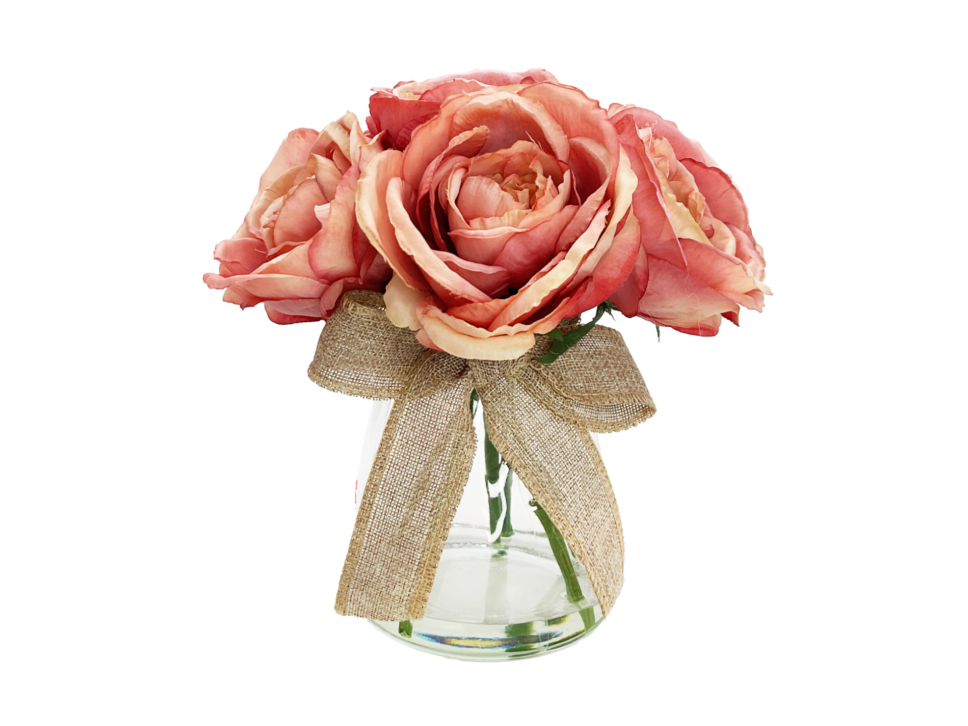 Pink roses in clear vase with brown ribbon