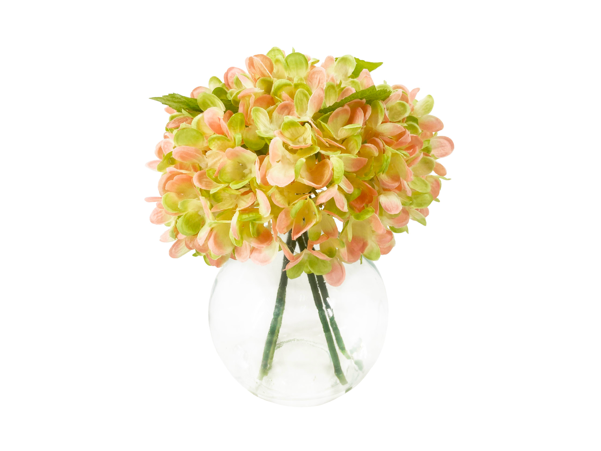 Pink green flowers in round glass vase