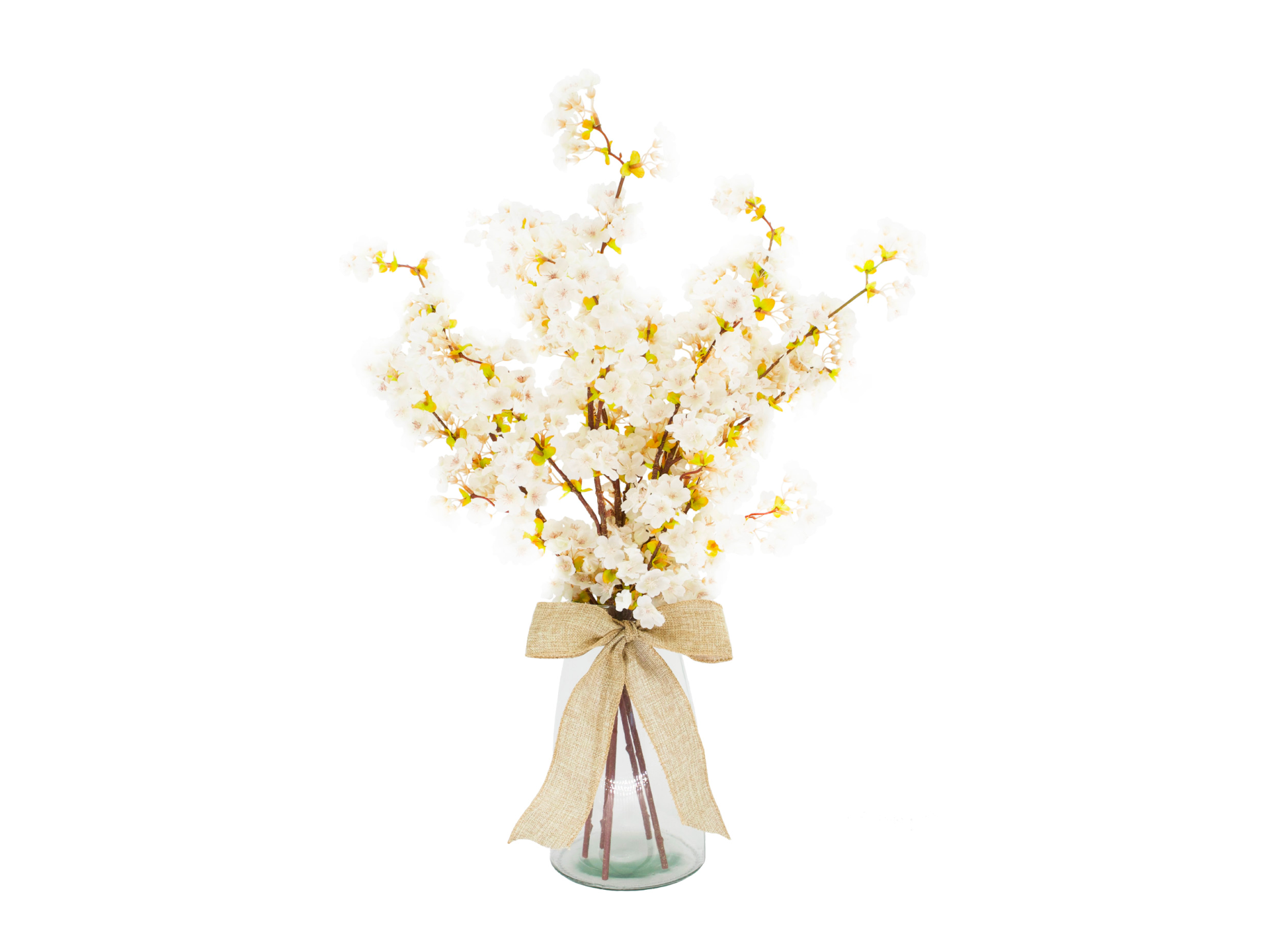 White flowers in clear glass vase with ribbon