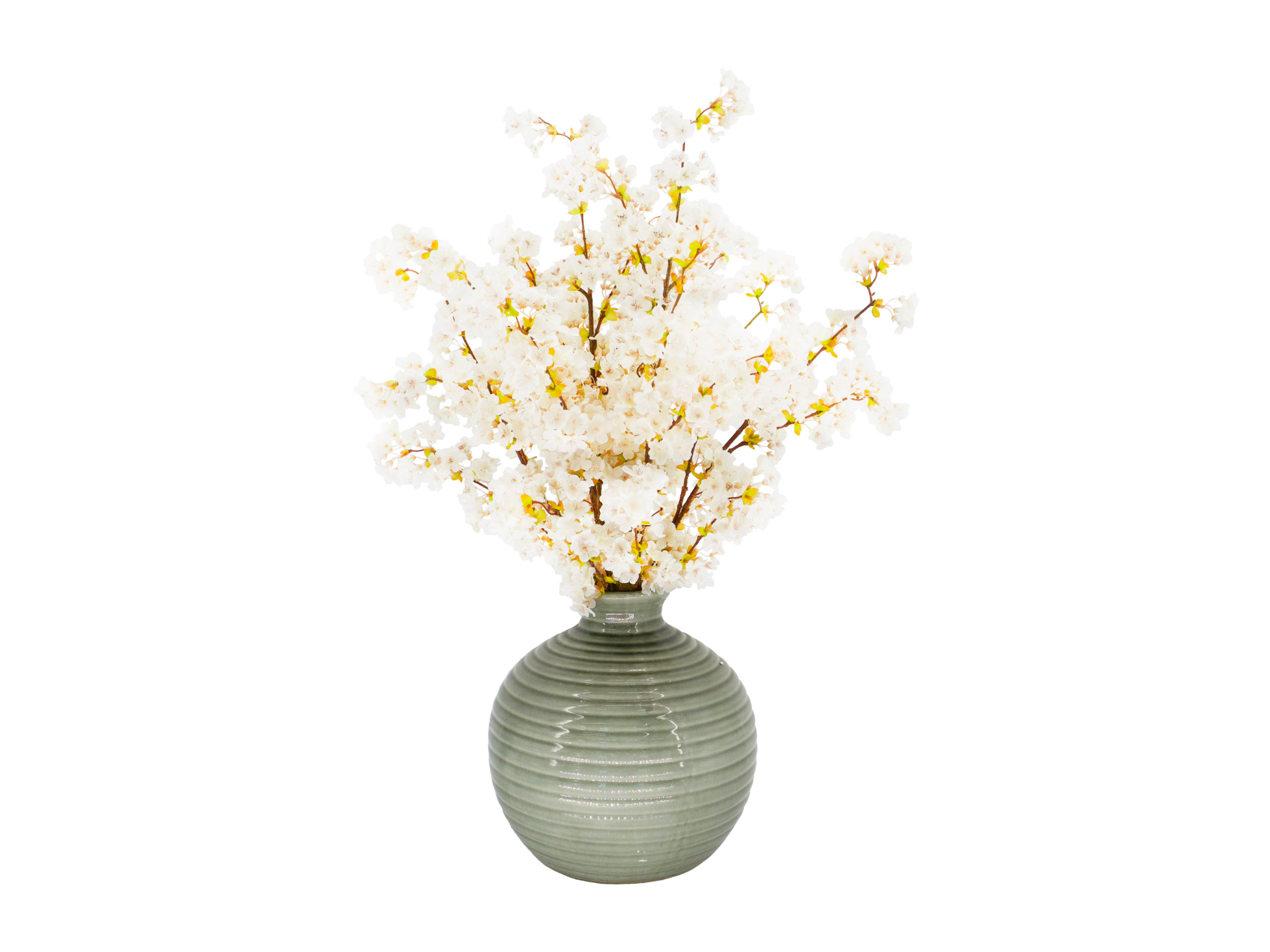 white flowers in green round pot