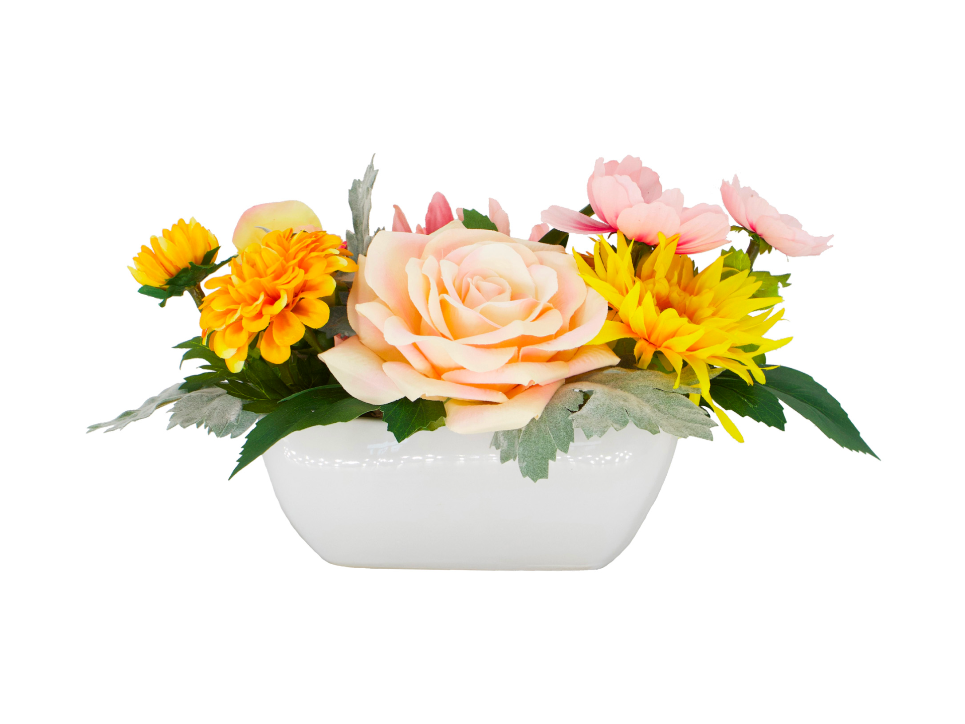 Flower arrangement in low white pot