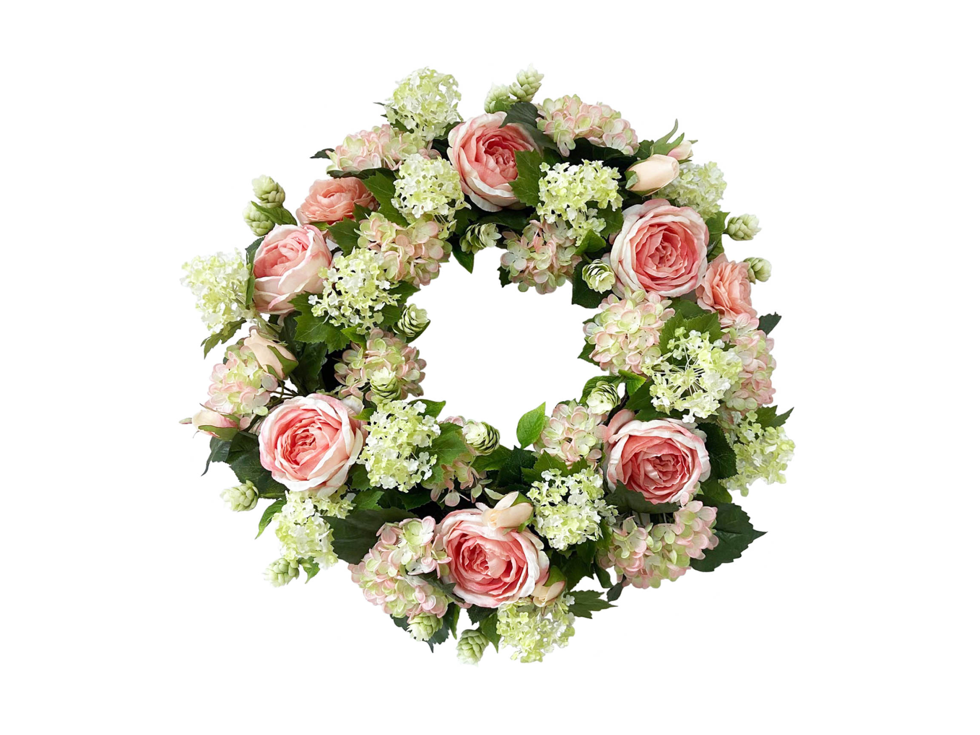 Pink rose and white hydrangea flower wreath