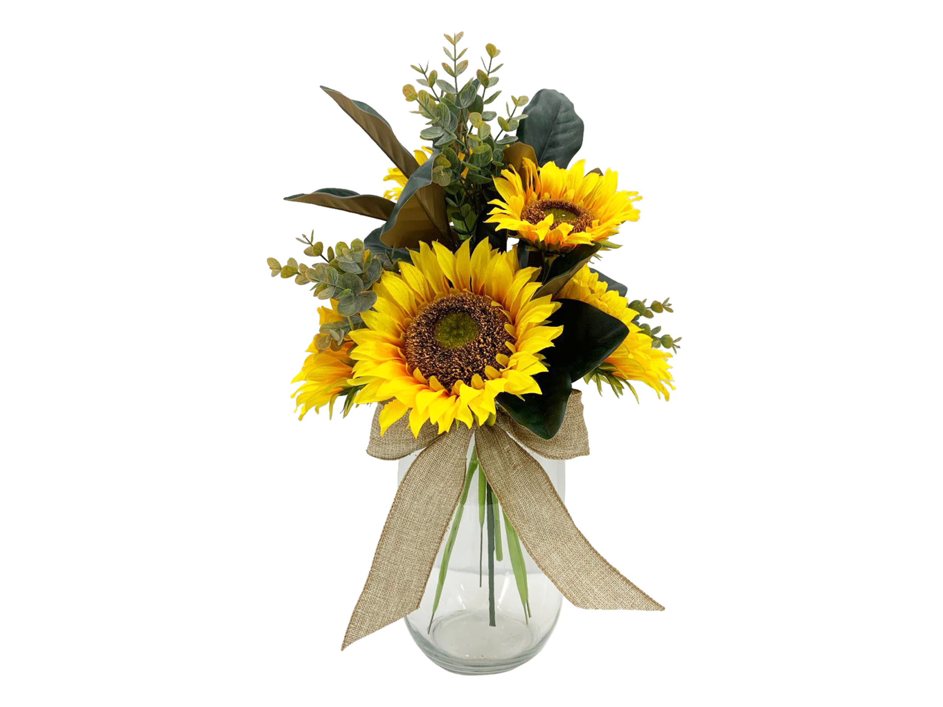 Sunflowers and eucalyptus in glass vase with ribbon