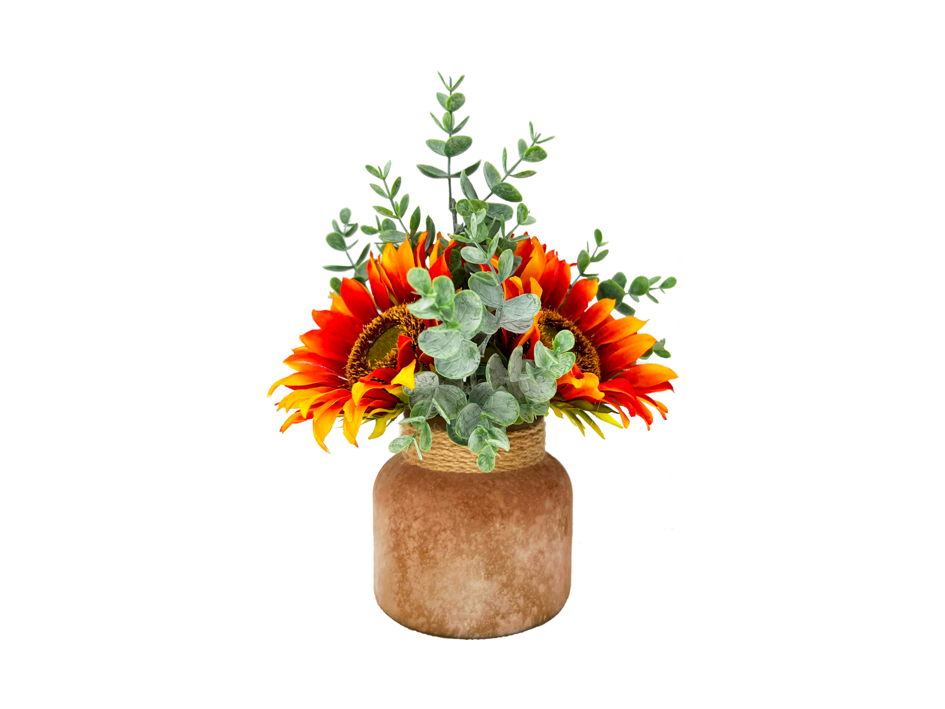 Orange sunflowers in clay pot