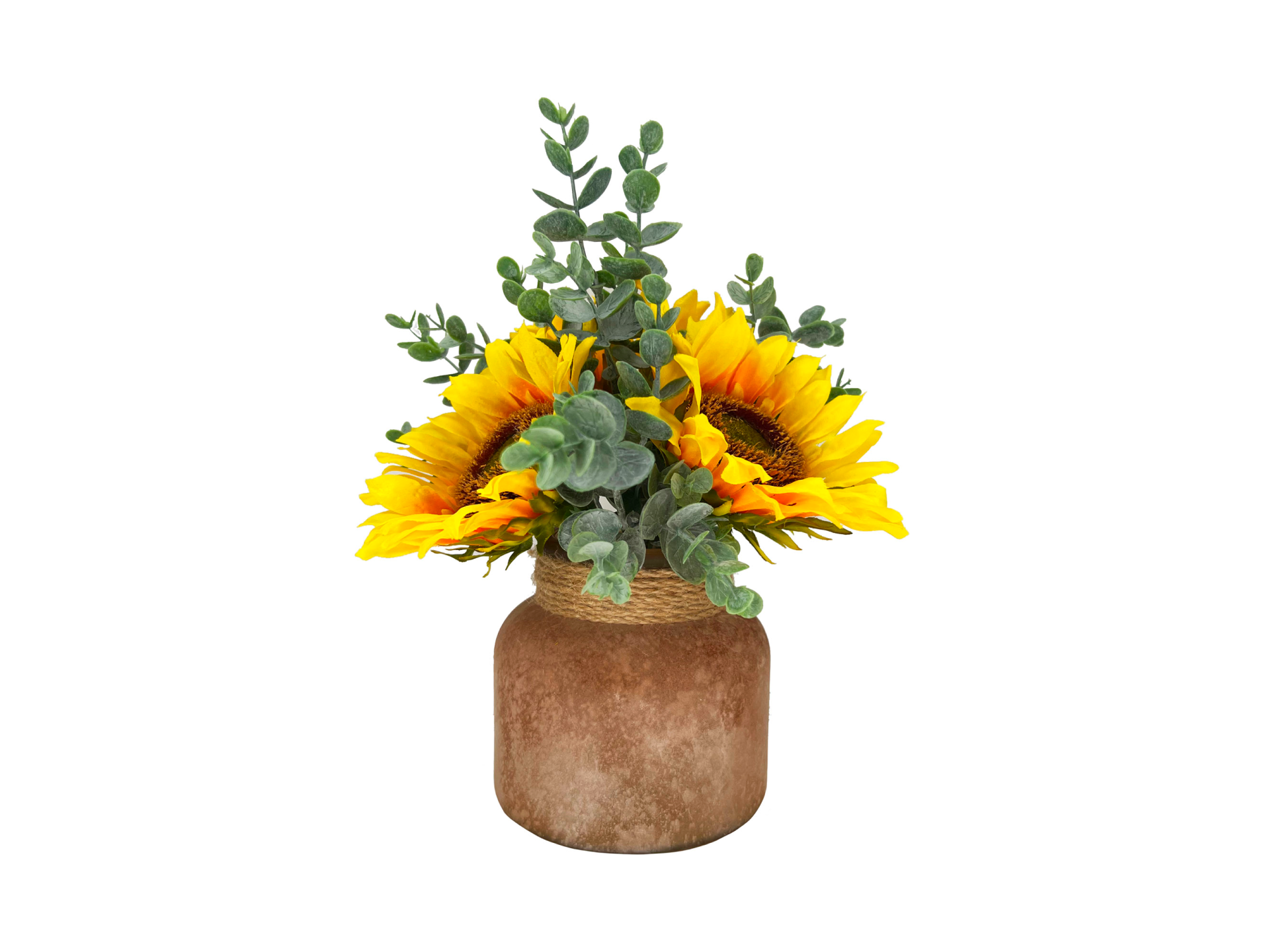 Sunflowers and greenery in clay pot