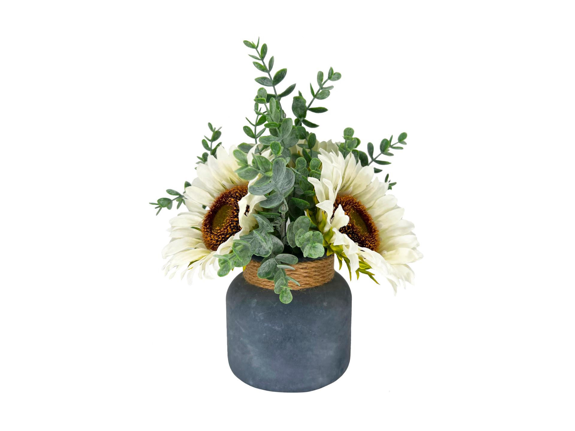 White sunflowers and greenery in black chalk pot