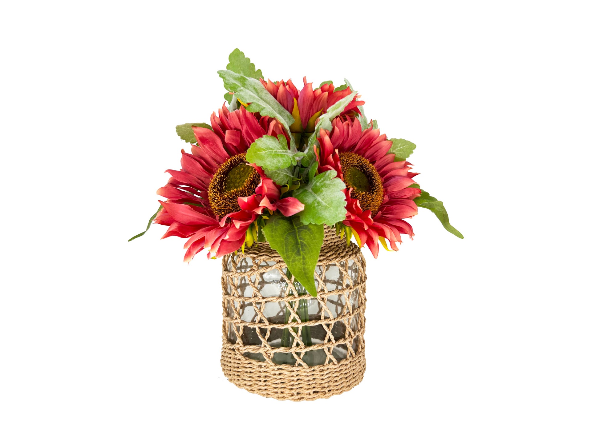 Deep pink sunflowers in glass vase with decorative rope