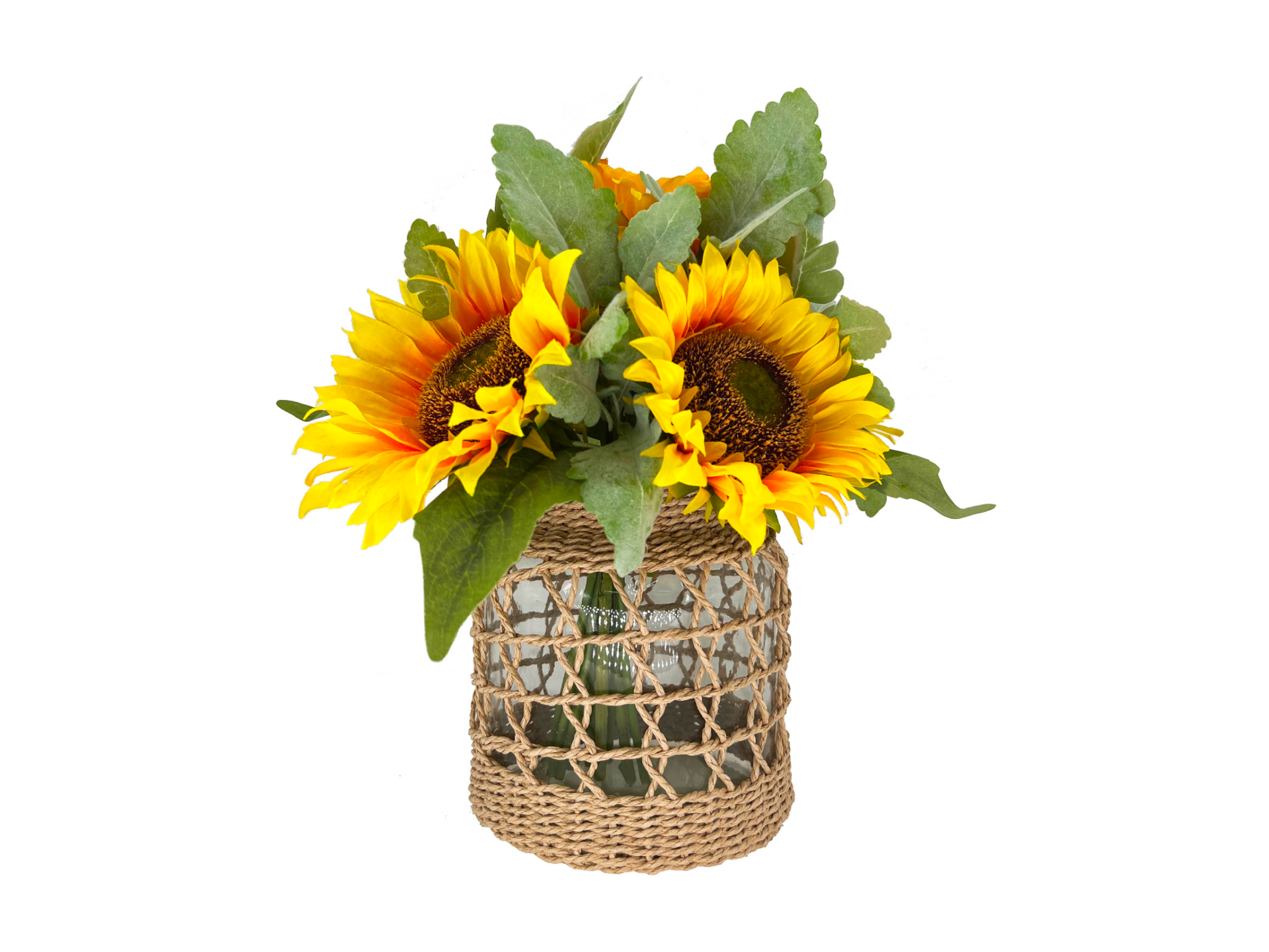 Yellow sunflowers in glass vase with decorative rope