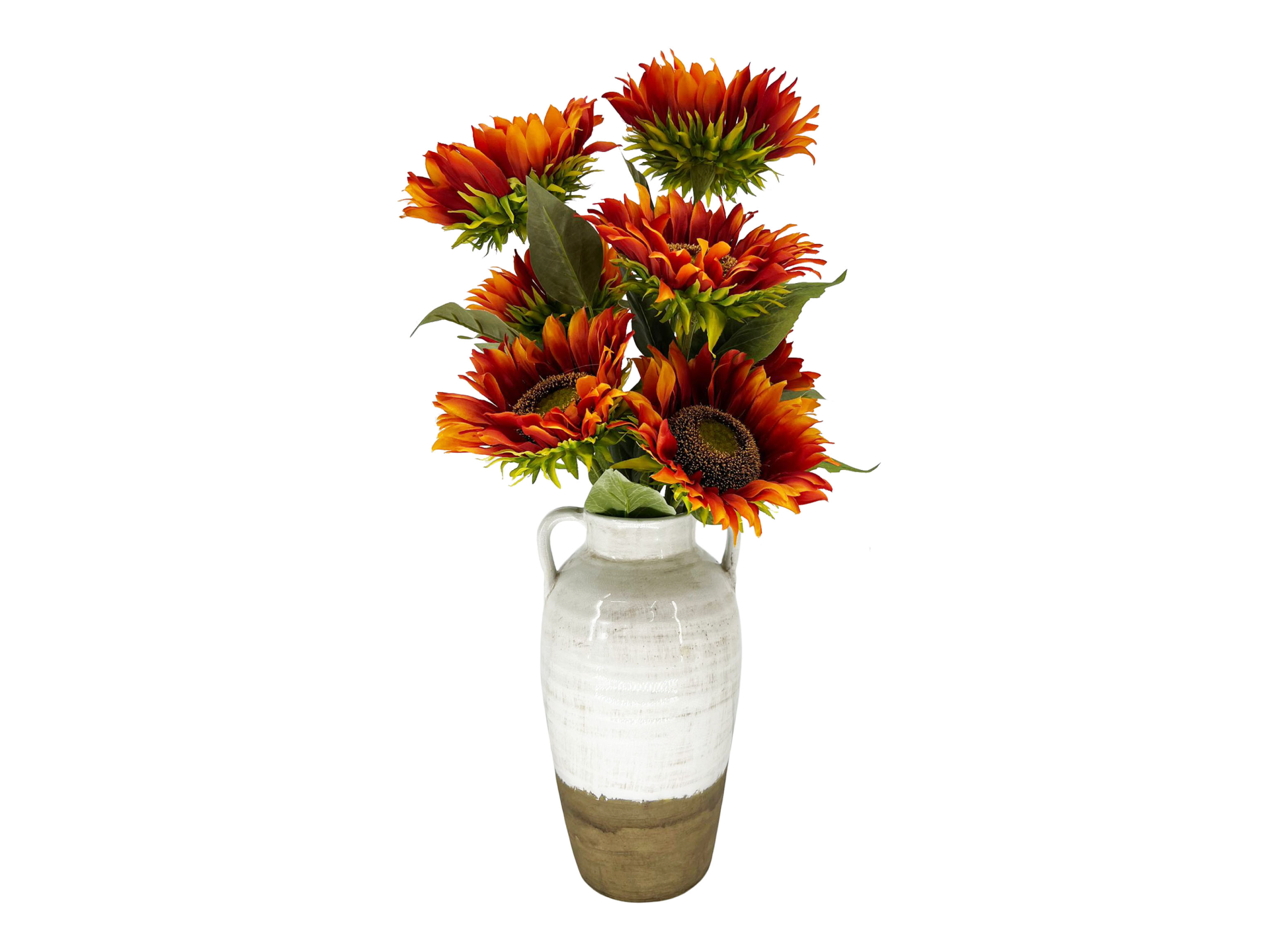 Orange sunflowers in tall white and brown vase