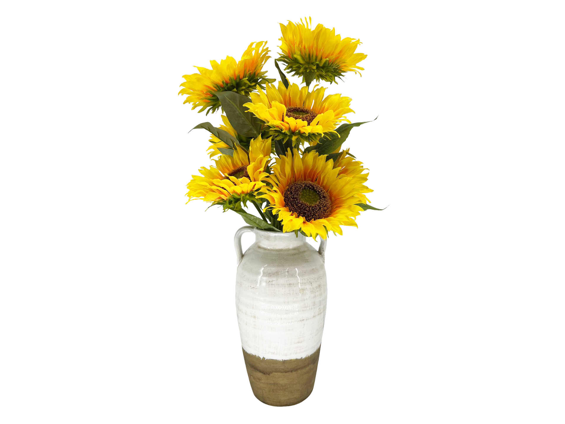 Yellow sunflowers in tall brown and white vase with ears